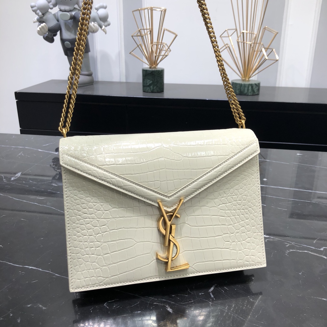 Saint Laurent Cassandera Medium Crocodile Embossed Bright Calfskin Shoulder Bag White 532750